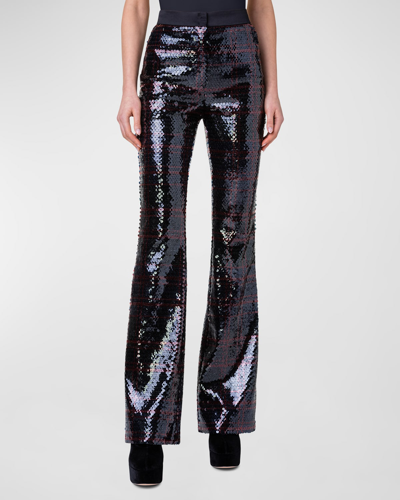 Shop Akris Farida Check Sequined Bootcut-leg Pants In Black-ruby Red