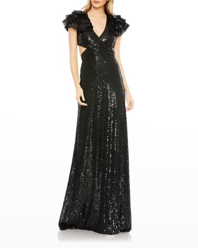 Shop Mac Duggal V-neck Sequin Cutout Gown In Black