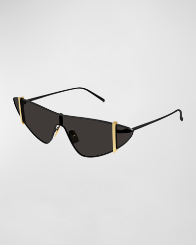 Shop Saint Laurent Sleek Metal Cat-eye Shield Sunglasses With Golden Accents In Black