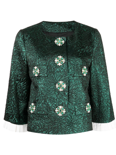 Shop Andrew Gn Crystal-embellished Cropped Jacket In Green
