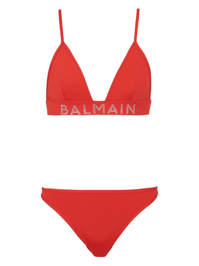 Shop Balmain Logo-embellished Bikini Set In Red