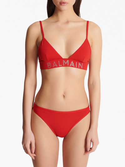 Shop Balmain Logo-embellished Bikini Set In Red
