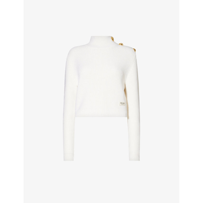 Shop Prada Women's White High-neck Logo-appliqué Wool Knitted Jumper