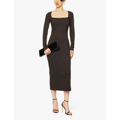 Shop Dolce & Gabbana Women's Marrone Scuro 4 Square-neck Stretch-woven Midi Dress