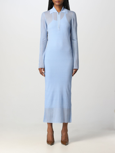 Shop Fendi Silk Knit Dress In Sky Blue