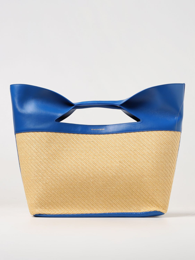 Shop Alexander Mcqueen The Bow Bag In Woven Raffia And Leather In Blue