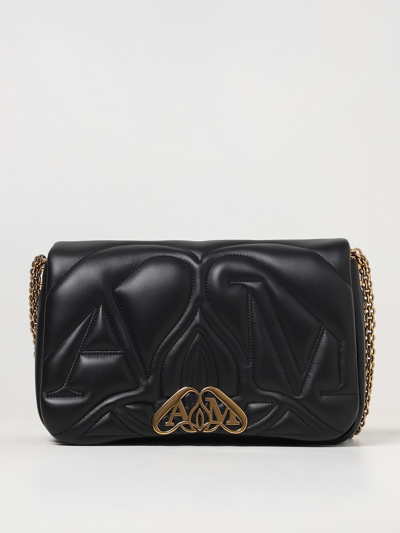 Alexander Mcqueen Alexander Mc Queen Seal Logo Small Leather Crossbody Bag In Black