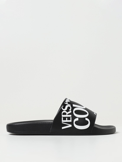 Versace Jeans Couture Logo-embossed Moulded-footbed Slides In Black