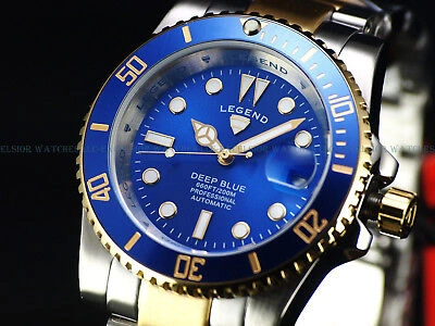 Pre-owned Legend Rare  Men's 200m Deep Blue Diver Automatic Two Tone Ss Blue Dial Watch
