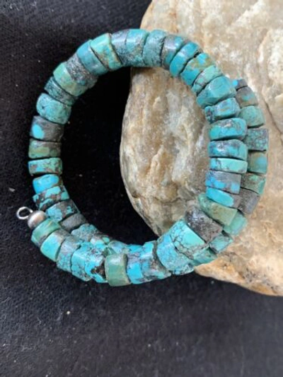 Pre-owned Handmade Us Navajo Natural Turquoise Heishi Bracelet Stainless Steel Memory Wire 00513 In Blue