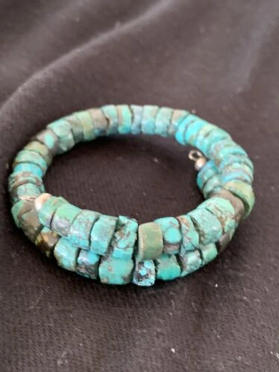 Pre-owned Handmade Us Navajo Natural Turquoise Heishi Bracelet Stainless Steel Memory Wire 00513 In Blue
