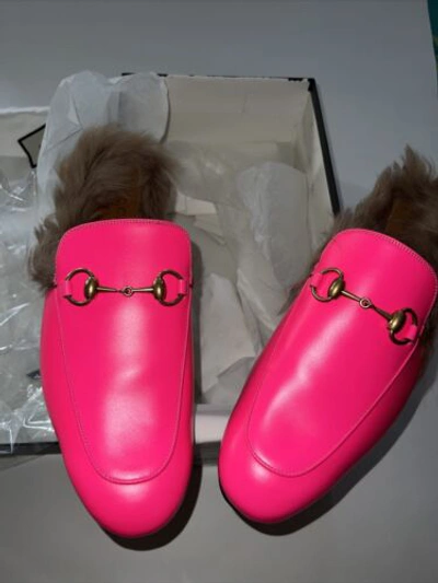 GUCCI Pre-owned Men's  Princetown Mules Fur Lined Leather Slipper Fuchsia Pink Size 9