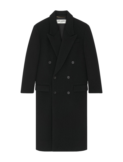 Shop Saint Laurent Long Wool Coat In Black