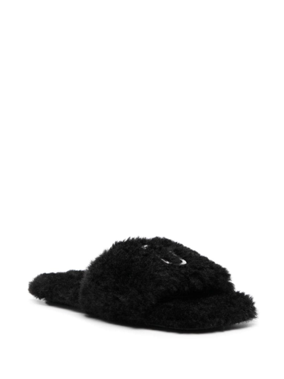 Shop Marc Jacobs Logo-plaque Fleece-texture Slides In Schwarz