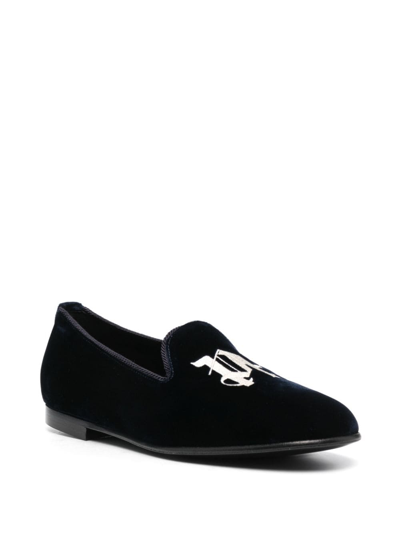 Shop Palm Angels Monogram-embroidered Suede Slippers In Blau