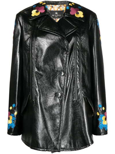 Shop Etro Floral Embroidery Faux-leather Jacket In Schwarz