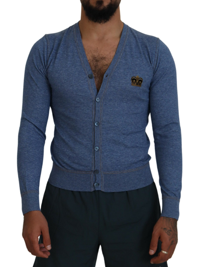 Shop Dolce & Gabbana Blue Cotton Crown Button Cardigan Men's Sweater