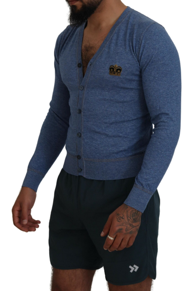 Shop Dolce & Gabbana Blue Cotton Crown Button Cardigan Men's Sweater