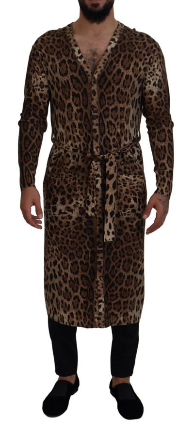 Shop Dolce & Gabbana Brown Leopard Wool Robe Cardigan Men's Sweater