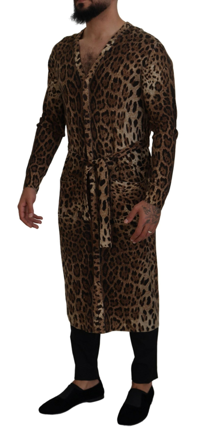 Shop Dolce & Gabbana Brown Leopard Wool Robe Cardigan Men's Sweater