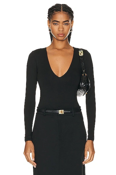 Shop Enza Costa For Fwrd Luxe Knit Long Sleeve V Neck Bodysuit In Black