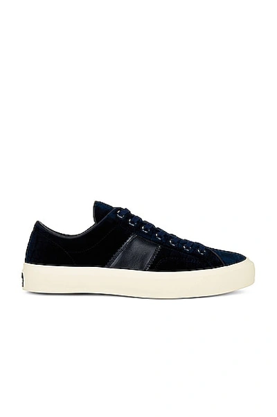 Shop Tom Ford Stamped Croc Velvet Low Top Sneakers In Navy & Cream