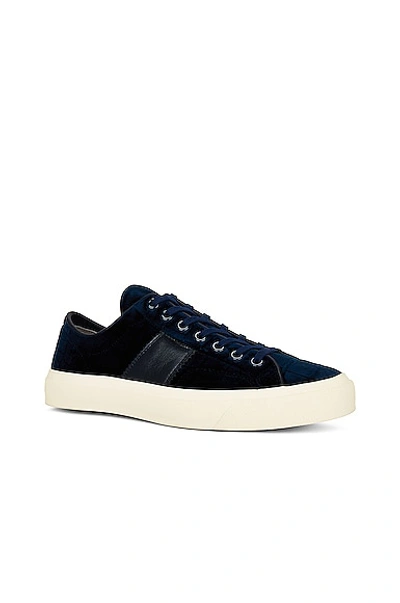 Shop Tom Ford Stamped Croc Velvet Low Top Sneakers In Navy & Cream