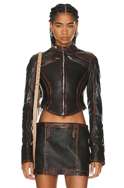Shop Mimchik Moto Leather Jacket In Brown Leather