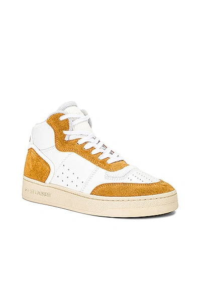 Saint Laurent Sl/80 Leather And Suede Sneakers In Blanc Optique & Deer Yellow