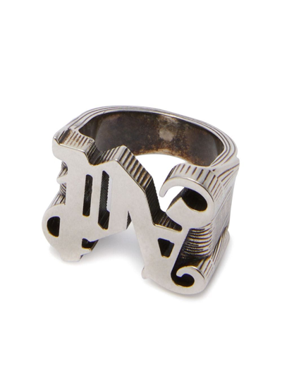 Shop Palm Angels Logo-lettering Chunky Band Ring In Silver