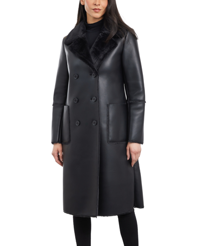 Shop Bcbgeneration Women's Double-breasted Faux-shearling Coat In Black