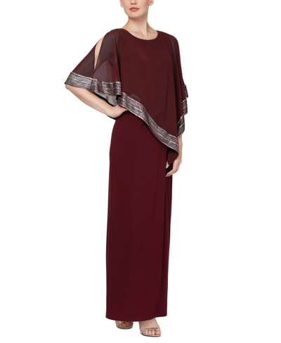 Shop Sl Fashions Petite Asymmetric Cape Overlay Gown In Fig