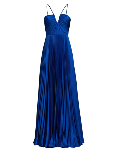 Shop ml Monique Lhuillier Women's Indigo Satin Pleated Gown In Mineral Blue
