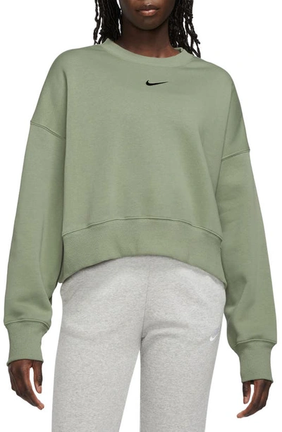 Shop Nike Phoenix Fleece Crewneck Sweatshirt In Oil Green/ Black