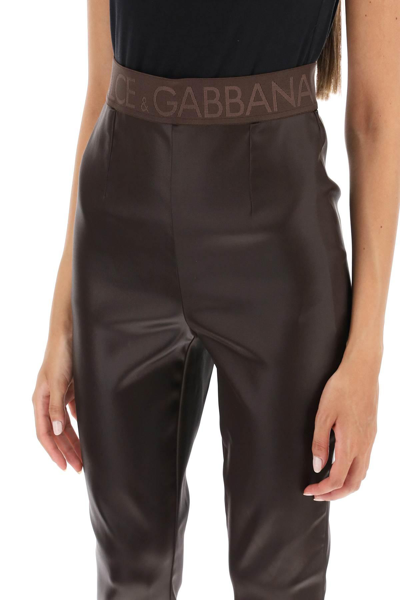 Shop Dolce & Gabbana Coated Look Stretch Satin Leggings In Brown