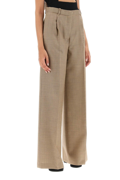 Shop Msgm Wide Leg Pants With Check Motif In Brown,beige