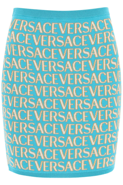 Shop Versace Monogram Knit Mini Skirt In Light Blue