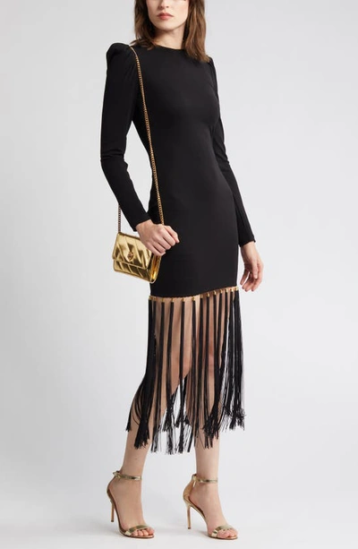 Shop Helsi Greta Fringe Hem Long Sleeve Body-con Dress In Black