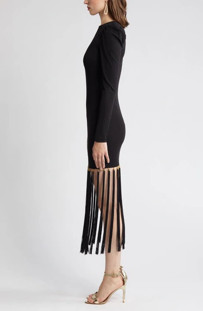 Shop Helsi Greta Fringe Hem Long Sleeve Body-con Dress In Black