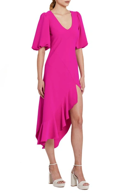 Shop Amanda Uprichard Glenna Ruffle Puff Sleeve Dress In Dark Hot Pink