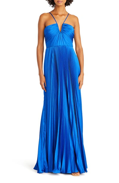 Shop ml Monique Lhuillier Pleated Satin Gown In Mineral Blue