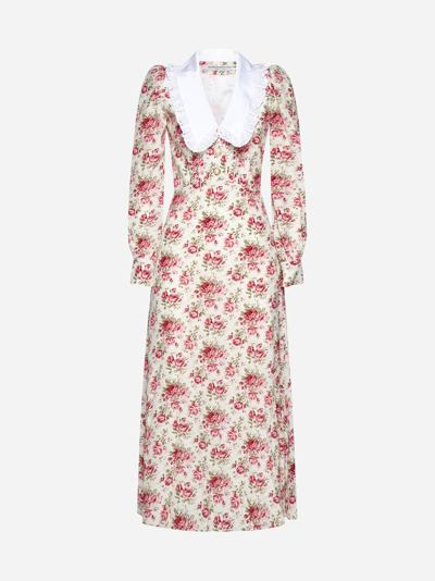 Shop Alessandra Rich Collar Floral Print Silk Dress In Neutrals/pink