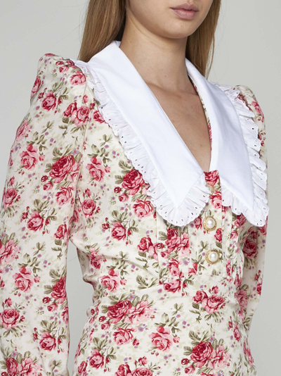 Shop Alessandra Rich Collar Floral Print Silk Dress In Neutrals/pink