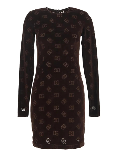 Shop Dolce & Gabbana Flocked Jersey Mini Dress In Marrone Scuro 3