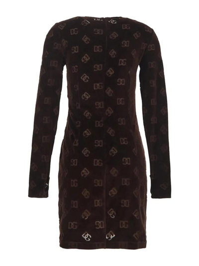 Shop Dolce & Gabbana Flocked Jersey Mini Dress In Marrone Scuro 3