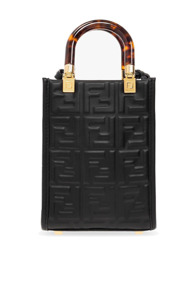 Shop Fendi Sunshine Logo Embossed Mini Shoulder Bag In Kur Nero/oro