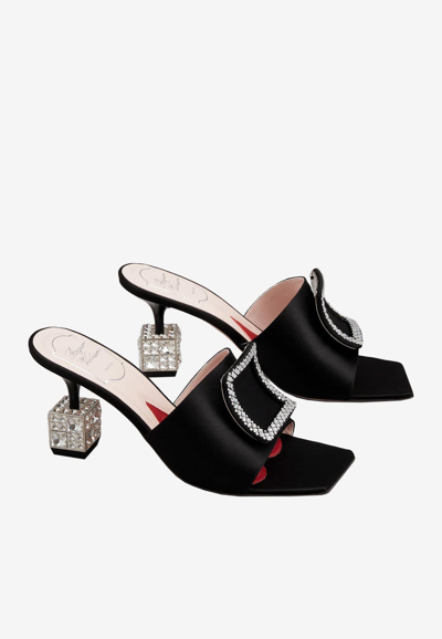 Shop Roger Vivier Cube 75 Crystal-embellished Satin Mules In Black