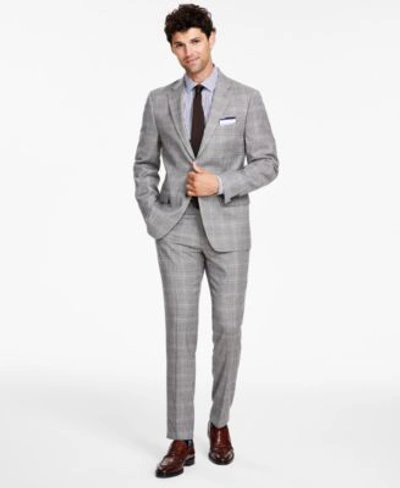 Shop Tommy Hilfiger Mens Modern Fit Stretch Plaid Wool Suit In Grey Camel Plaid