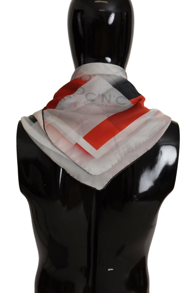 Costume National Gray Red Silk Shawl Foulard Wrap Scarf In Gray Patterned