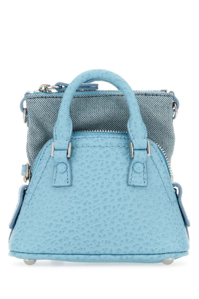 Shop Maison Margiela Woman Light Blue Leather And Fabric 5ac Classique Baby Handbag